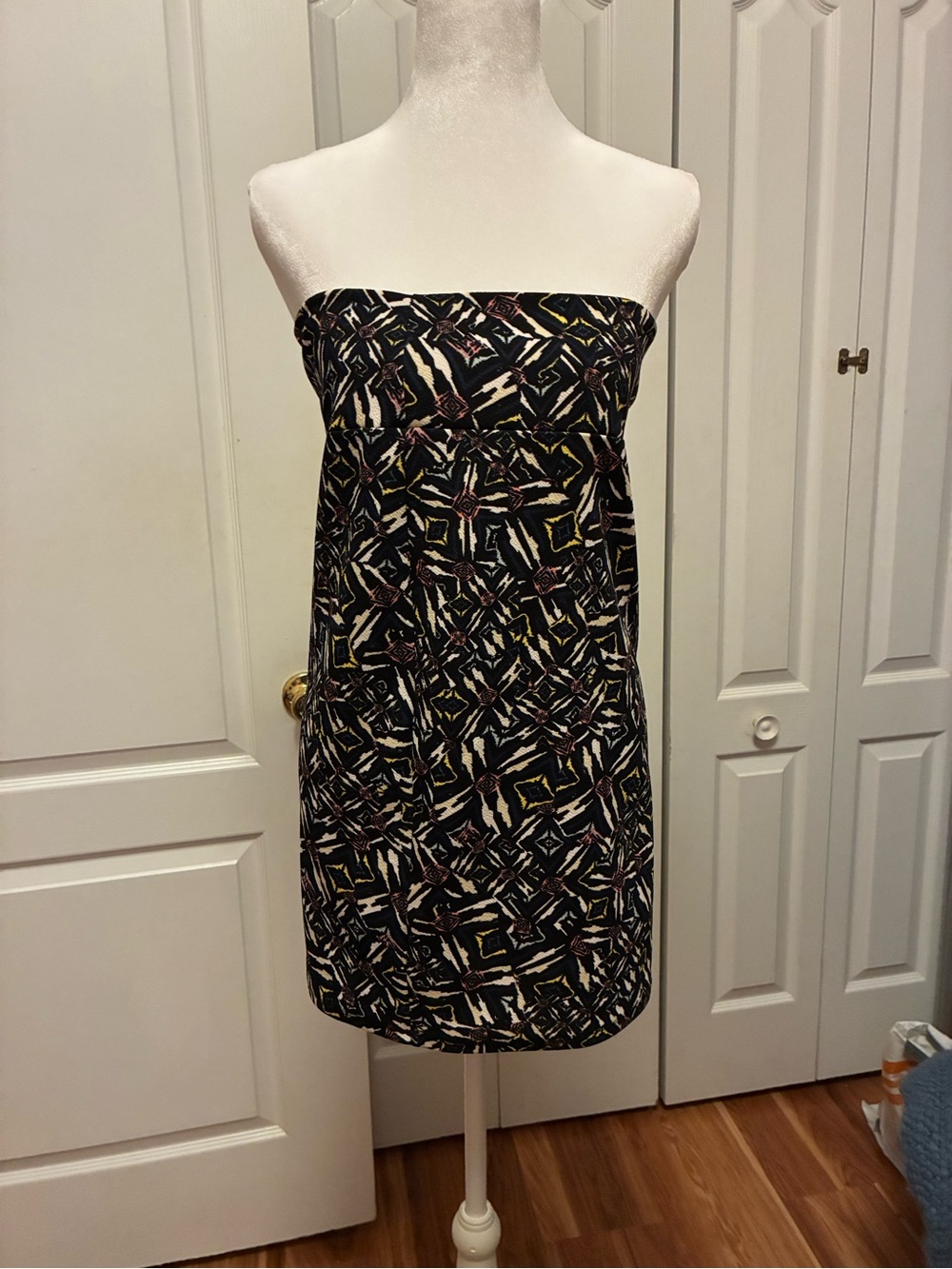 LuLaRoe Black Strapless Dress with Abstract Cream, Yellow & Pink Accents